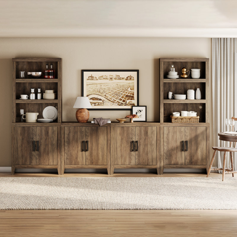 Entertainment Center With Bookshelves, 4-Piece Modular TV Stand With Storage Towers, Farmhouse Media Console With Concealed Storage For Living Room, Bedroom, Brown