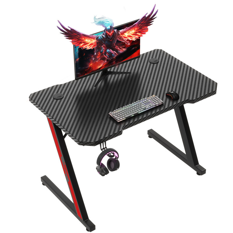 Ergonomic Black Gaming Desk PC Computer Desk Home Office With Headphone Hook, Black, 75cm H x 80cm W x 55cm D