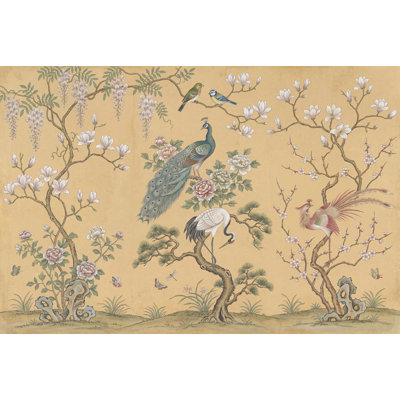 Papier peint oriental chinois avec branches florales et paon amovible