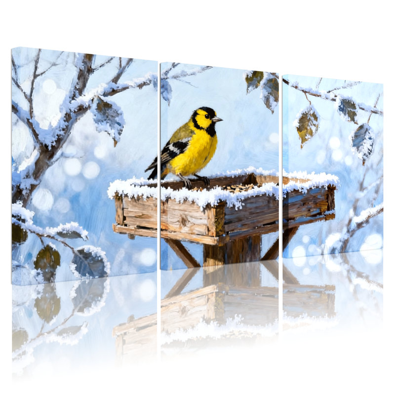 Oiseaux d'hiver mangeoire enneigée, paysage enneigé, ensemble de 3 toiles d'art, H 18 po x l 36 po