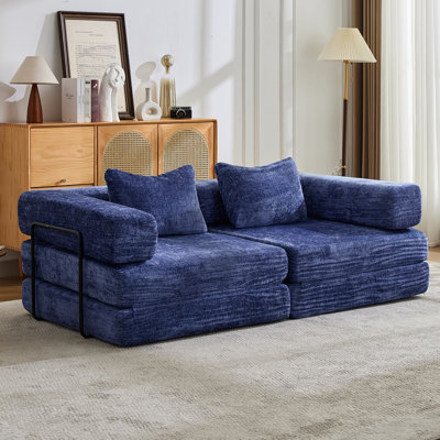 Dark Blue Compression Bed, 2 - Seat Convertible Floor With Fixed Shape Frame, Chenille Fabric, Diy Modular For Small Living Spaces , Boneless Bed Fabric Apartments