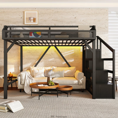 Lit mezzanine simple en métal avec escalier de rangement | Garde-robe intégrée, tablettes, ports USB et lumières DEL, conception à bruit réduit, noir