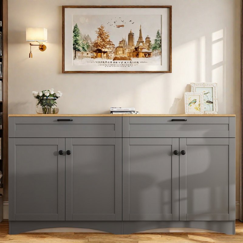 Farmhouse Sideboard With Adjustable Shelves And Rustic Handles, Gray