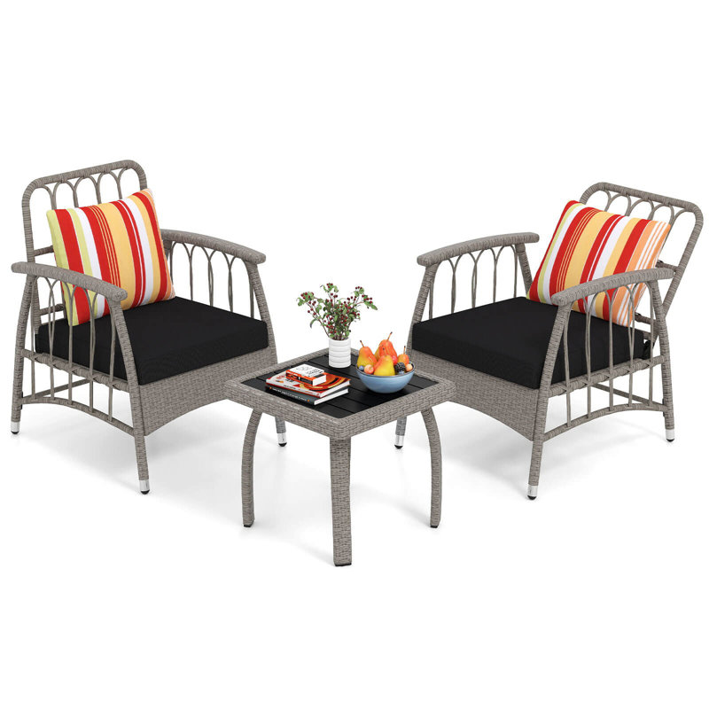 3 Pcs Patio Pe Wicker Furniture Set With 5-level Adjustable Backrest Bistro Set