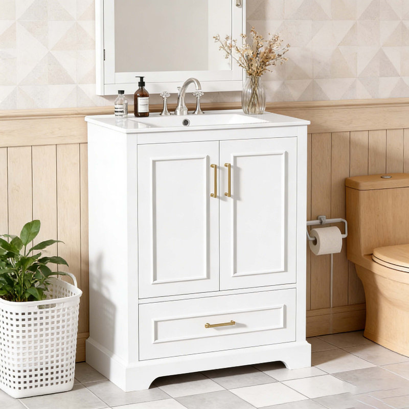 Meuble-lavabo autoportant de 30 po avec lavabo, armoire en panneau de fibres à densité moyenne avec cadre en bois massif, portes à fermeture douce avec double tablette, tiroir de séparation et meuble-lavabo blanc classique pour les petites et moyennes salles de bain