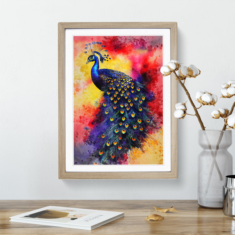 Exciting Peacock No.1 - Single Picture Frame Print, 64cm H x 46cm W x 2cm D, Oak Framed