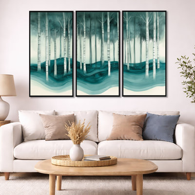 «Birch Forest Wall Art, Mystical Woods Canvas - Cristobal», ensemble d'art mural encadré sur toile 3 pièces