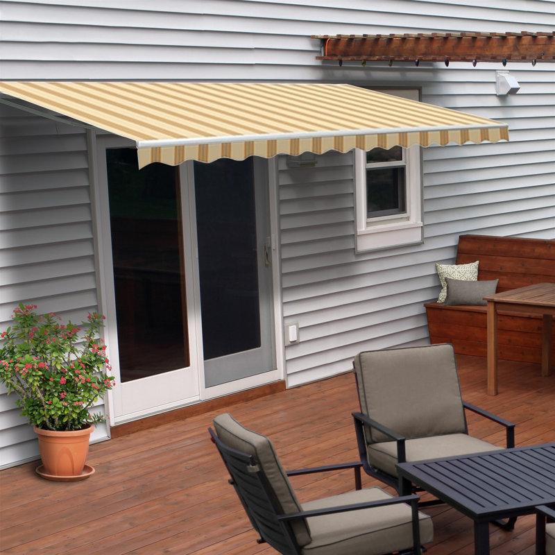 ALEKO Motorized Retractable Outdoor Awning with White Frame, Multistripe Yellow, 10' W x 8' D