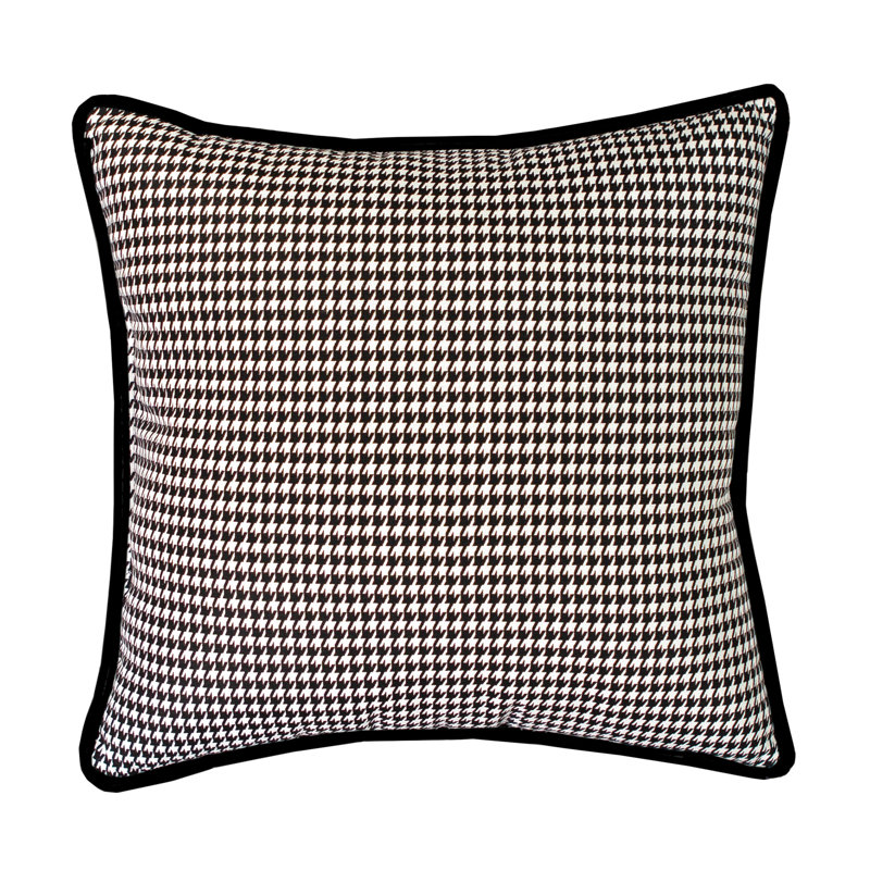 Black and White Houndstooth Cotton Square Pillow with Accent Piping