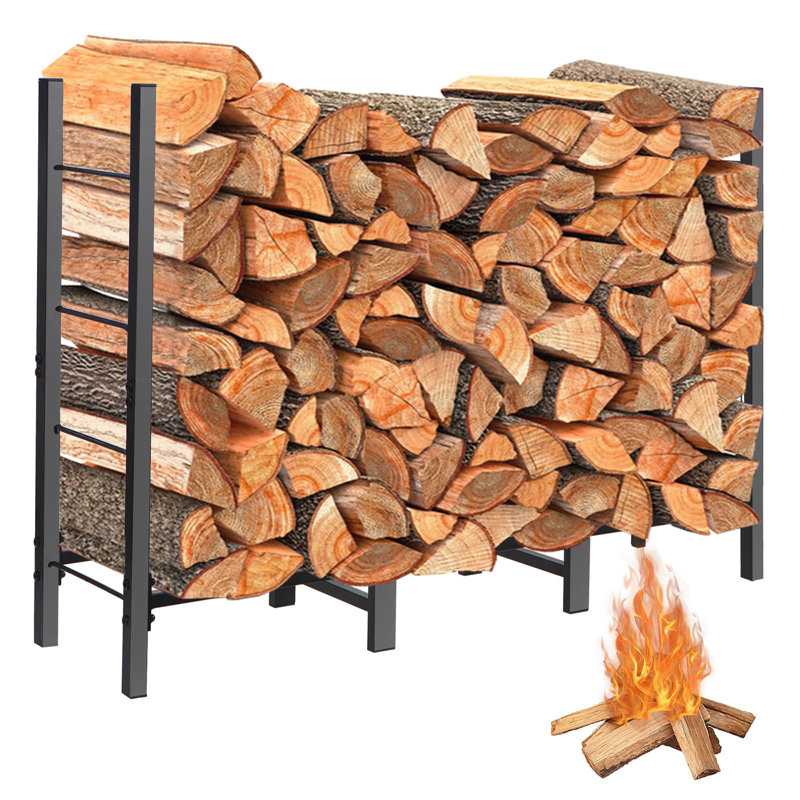 Black Heavy Duty Wrought Iron 4ft Firewood Log Rack with Cover