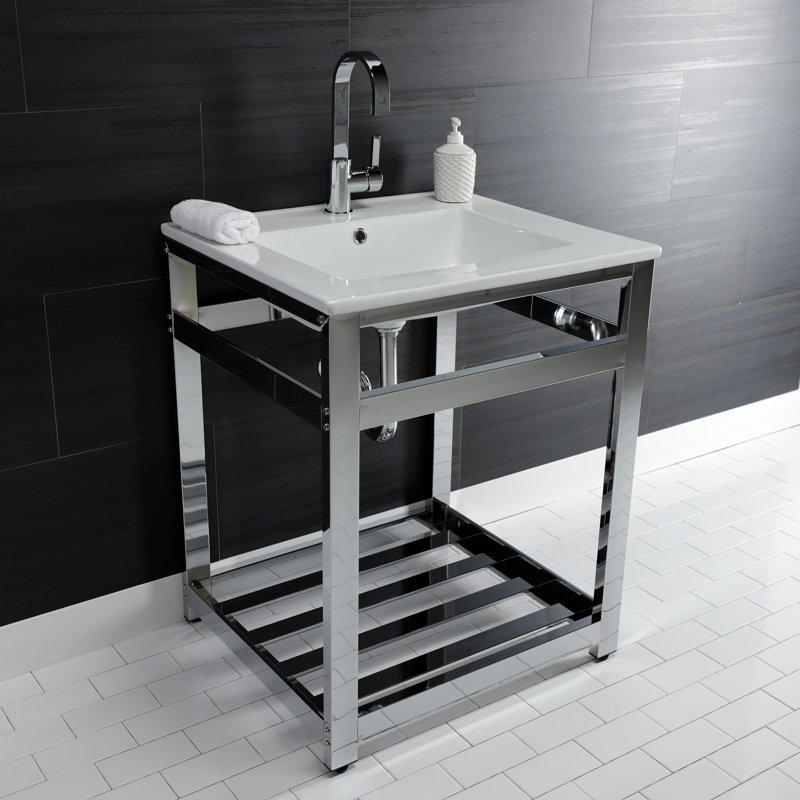 Kingston Brass Quadras 25-Inch Ceramic Console Sink with Stainless Steel Base and Shelf, Single, White/Chrome