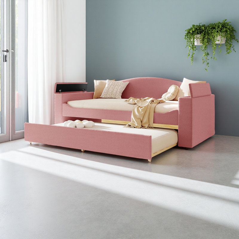Twin Size Upholstered Daybed With Storage Armrests, Trundle And Latest Integrated Bluetooth Audio System, Teddy Fleece, Pink