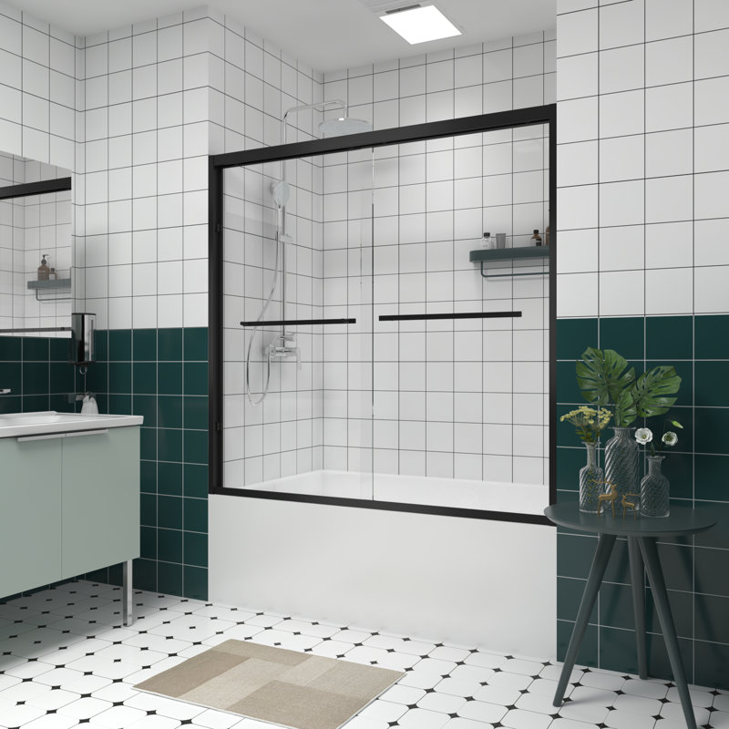 56-60-inch Matte Black Aluminum Frame Bypass Bathtub Screen, Matte Black