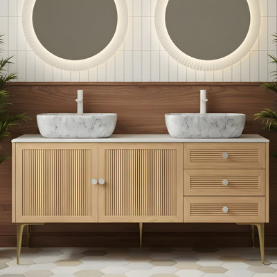 Freestanding plywood storage cabinet with legs, rectangular ceramic basin with marble pattern