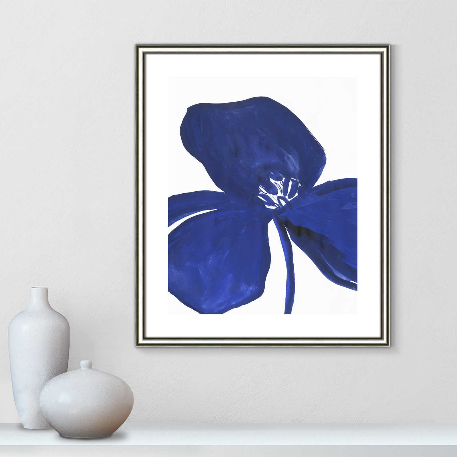 Clarisse "Indigo Petal II" Painting, 26.75" H x 22.75" W x 0.88" D, Silver Framed Paper