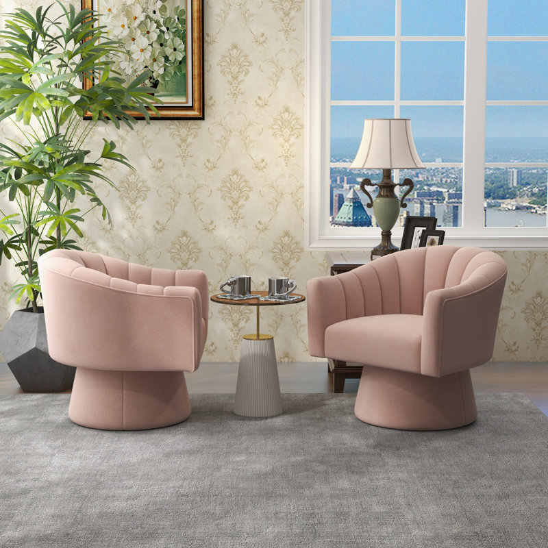 Fauteuil demi-tonneau pivotant de 25,2 po Iryanna, Velours rose, 2