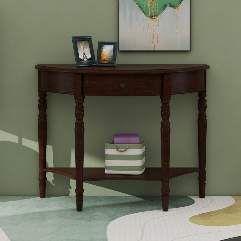 Solid Wood Half Moon Console Table With Drawer – Entryway Accent Table With Storage, Espresso