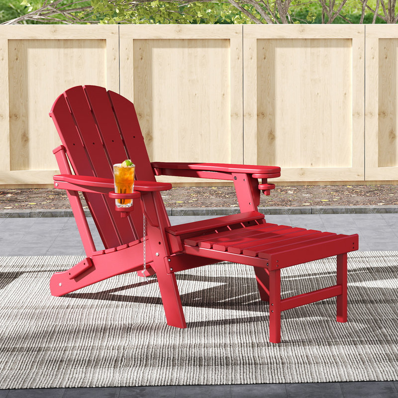 Cait Foldable Outdoor Adirondack Chair With Ottoman, Red