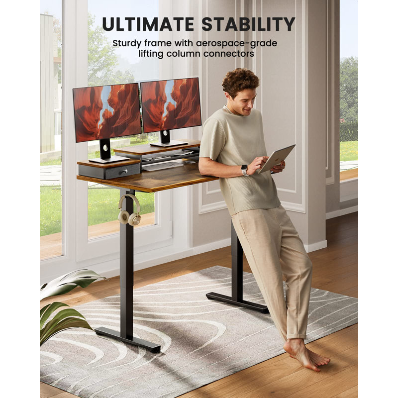 Electric Adjustable Height  Standing Desk Computer Table with Drawers, Vintage Brown/Black, 28.5" H x 55" W x 28" D