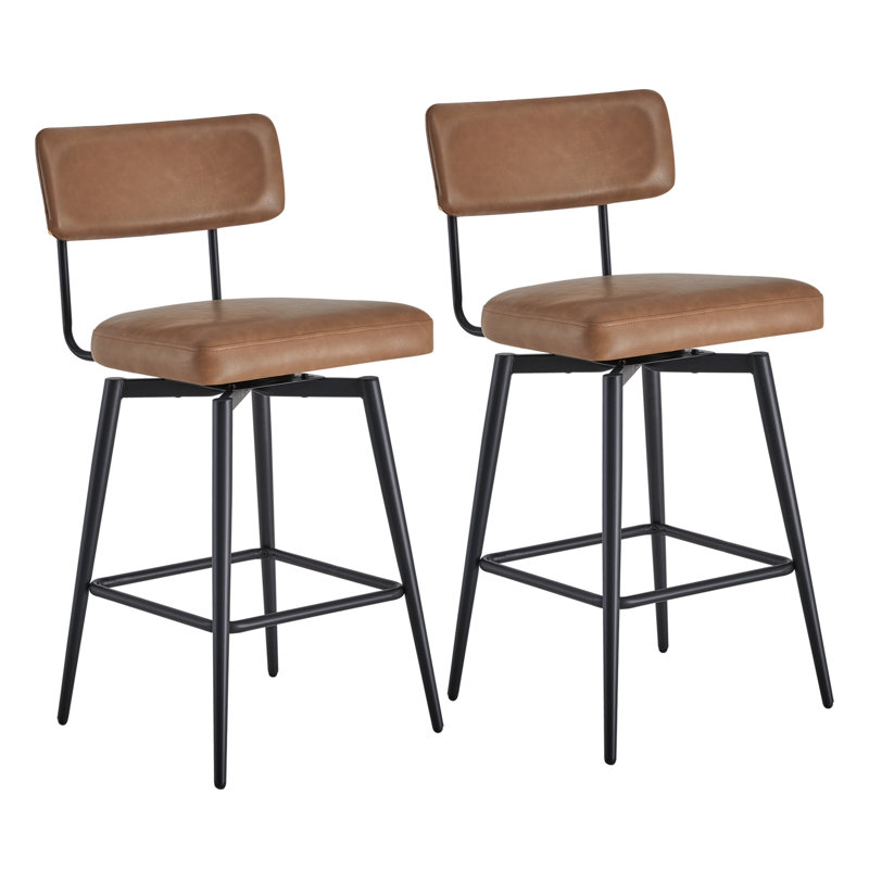 Bayardo Swivel 27.4'' Leather Counter Stool, Saddle Brown Faux Leather 