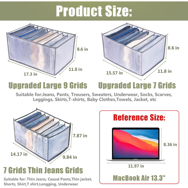 Organisateur de jeans très grand 9 grilles, organisateur de vêtements pour garde-robe, organisateurs de placard et paniers de rangement, bacs de rangement pour vêtements, tiroir de rangement pliable lavable pour jeans 3 pièces