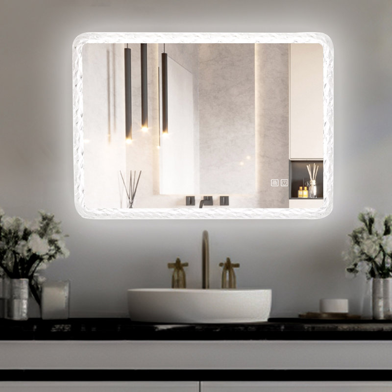 Miroir de salle de bain 38,5 x 25 pouces avec lumières DEL, miroir intelligent avec fonction anti-buée et luminosité réglable, miroir de maquillage mural avec cadre en cristal acrylique
