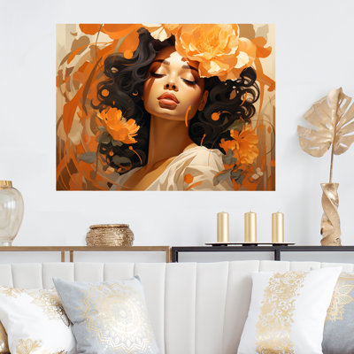 Orange African Woman Portrait With Flowers Bloom - Fashion Metal Wall Art MT133294
