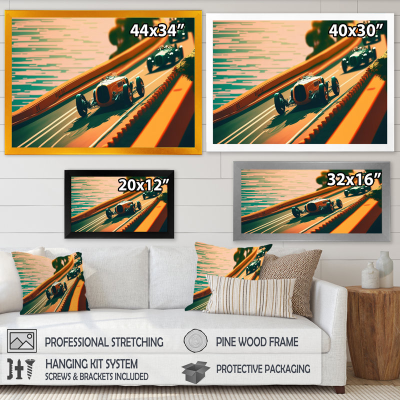 «Retro Race Car In Tropical Street Race II», reproduction sur toile, H 12 po x l 20 po x P 1 po, Toile avec cadre photo noir