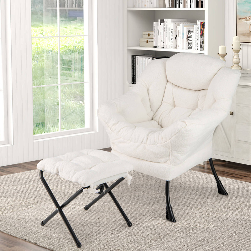 George Oliver Lazy Sofa Chair Accent Leisure Armchair With Folding Footrest & Storage Pocket, Beige Cotton
