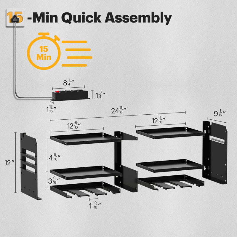Robust Carbon Steel Tool Storage Rack With Power Strip, 24.6"W X 11"H, Organize 50+ Tools