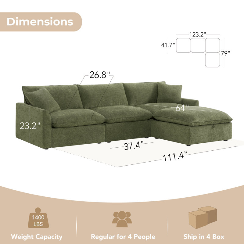 Salha 130.7" Modular Upholstered Cloud Sectional, Moss Green Velvet