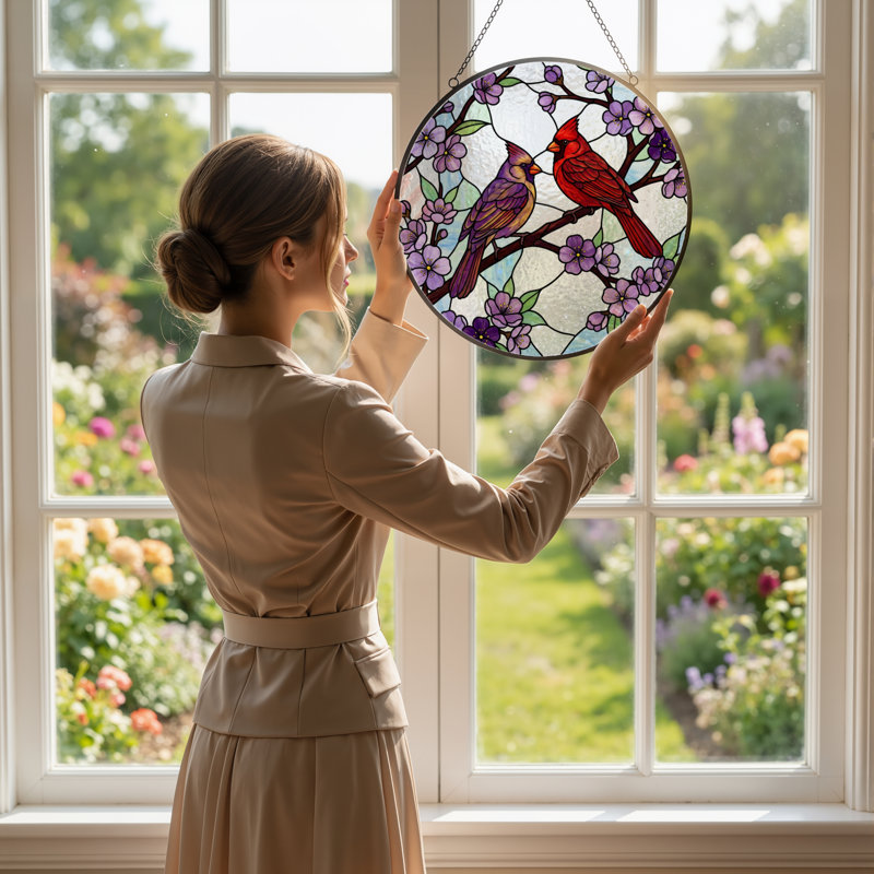 12"H Cardinal Blossom Stained Glass Window Panel, 12" H x 12" W
