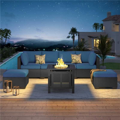 8-Piece Outdoor Pe Rattan Patio Furniture Set, 30" Fire Pit Table,