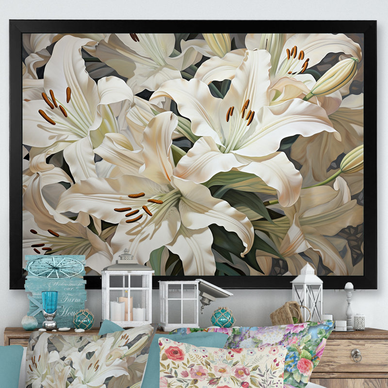 «White Lilies In Bloom Beauty III», reproduction sur toile, H 30 po x l 40 po x P 1,5 po, Cadre simple noir