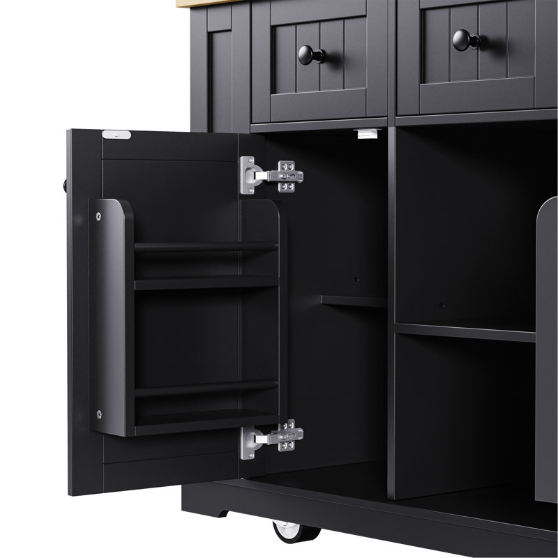 53Inch Large Kitchen Island With 2 Bar Stools, Power Outlet,Door Internal Storage Rack, Kitchen Storage Cart On 5 Wheels With Drop Leaf, 5 Open Side Racks, 3 Drawers,Black (Three Packages)