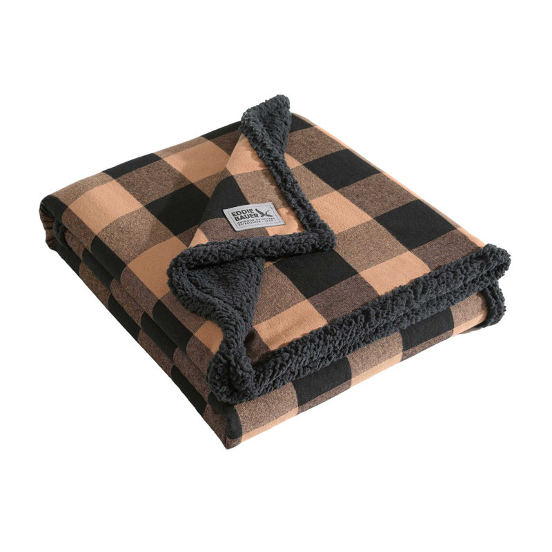 Eddie Bauer Cabin Plaid Flannel/Sherpa Throw Blanket, Blue