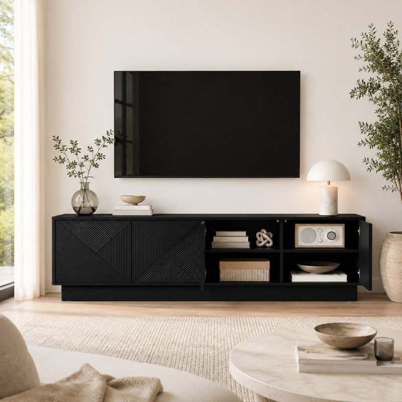 Meuble télé avec 4 portes ondulées, étagères réglables et éclairage DEL, Noir