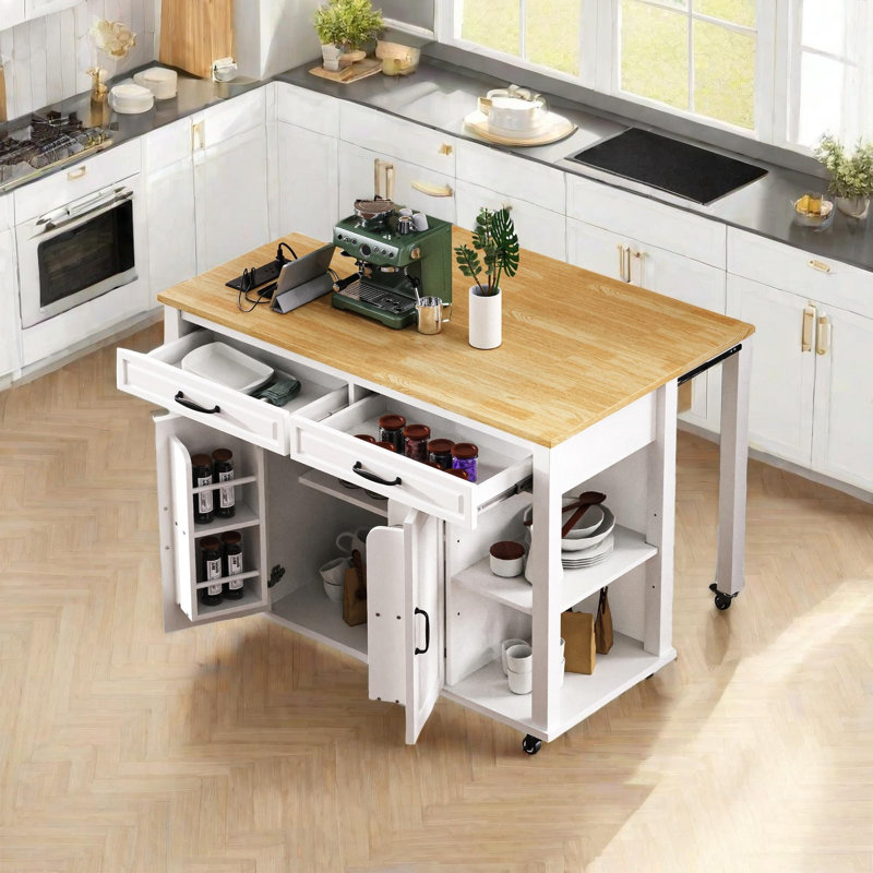 Kitchen Island with Extendable Dining Table, White