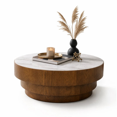 Oak Veneer and Marble Drum Coffee Table with Tiered Pedestal Base