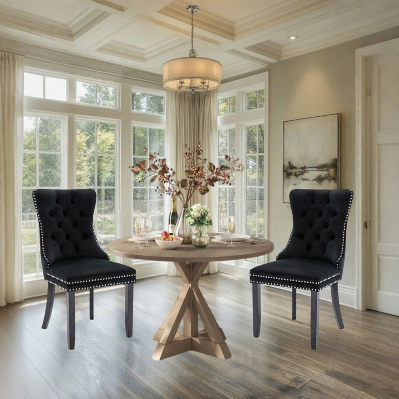 Friedrun Velvet Dining Chair Tufted Dining Room Chair with Solid Wood Leg, Black