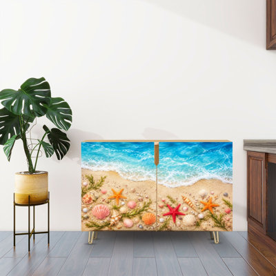 Sideboard Buffet Cabinet with Storage Playful Beach Scene Colorful Seashells Starfish Waves with 2 Doors for Living Room and Kitchen