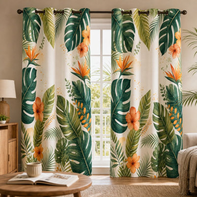 2Pcs Tropical Leaf and Bird of Paradise Flower Print Curtains, Vibrant Botanical Style, Modern Decorative Grommet for Living Room Bedroom Home Decor for Home Dector