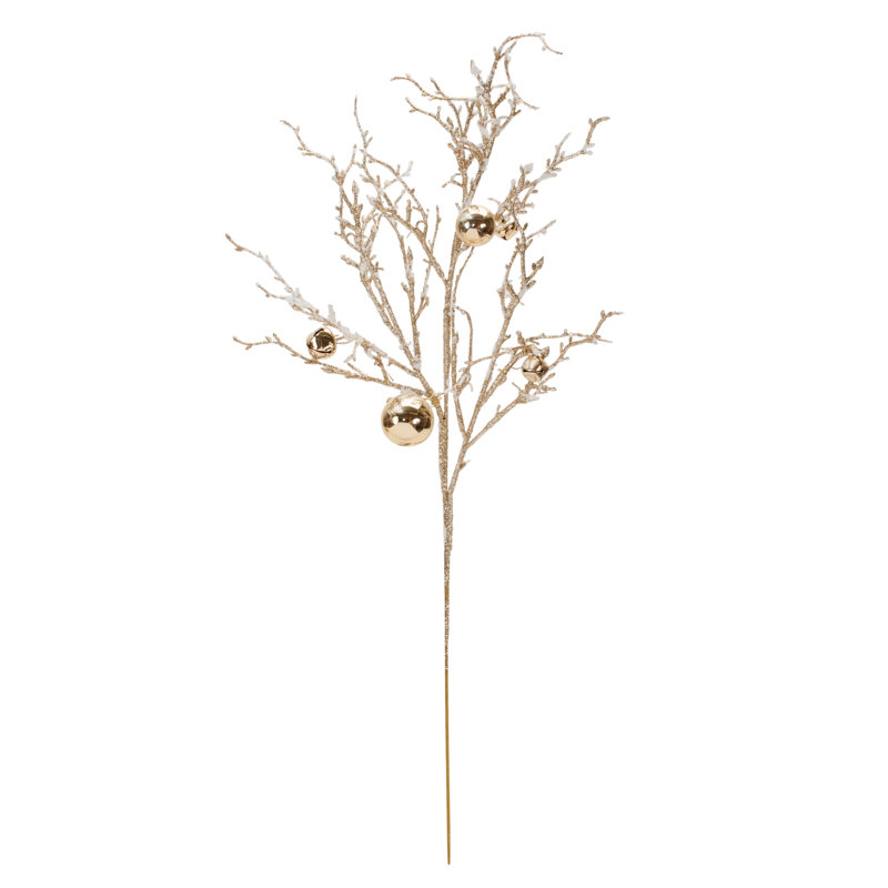 Branche de brindille floquée avec grelots (ensemble de 6), Blanc / doré