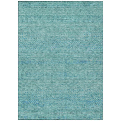 9' X 12' Aqua And Teal Blue Striped Washable Indoor Outdoor Area Rug