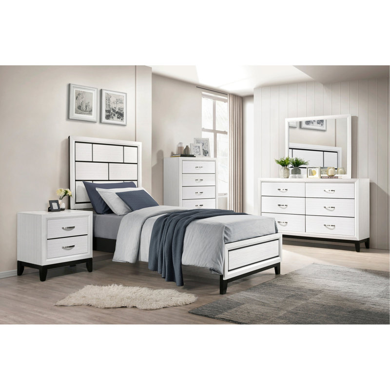 Lit simple simple au design moderne, lit contemporain accentué de lignes blanches et noires, fini distinctif, Lit simple