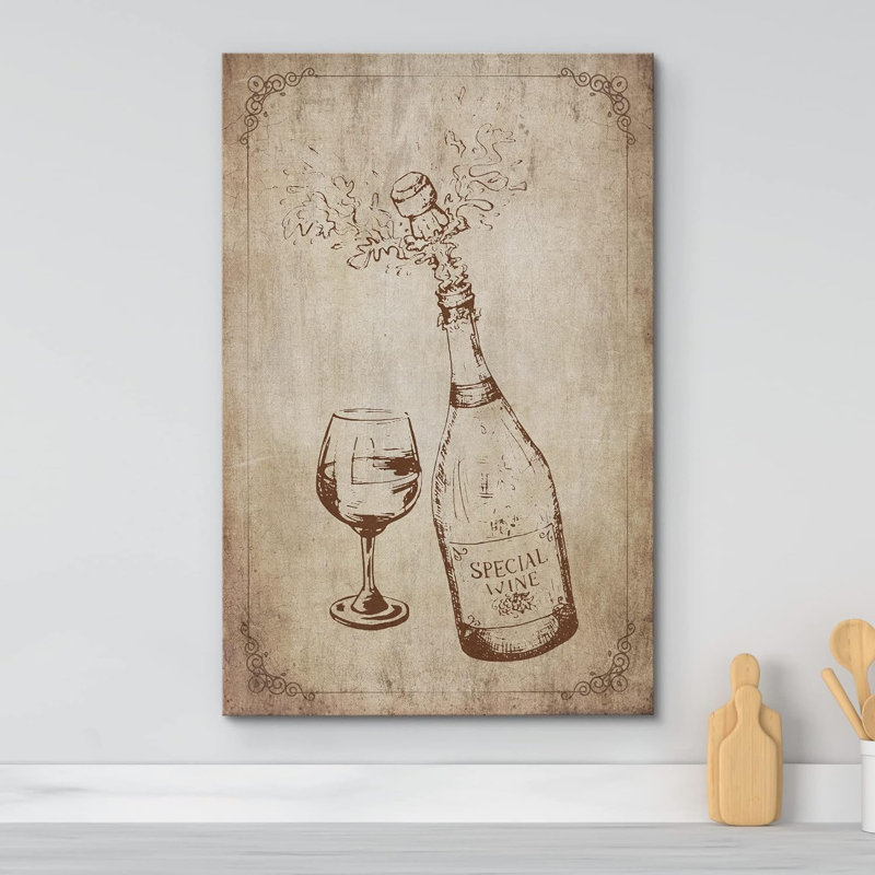 Rustic Bevera " Retro Vintage Champagne Glass Sketch ", 48" H x 32" W x 1.5" D