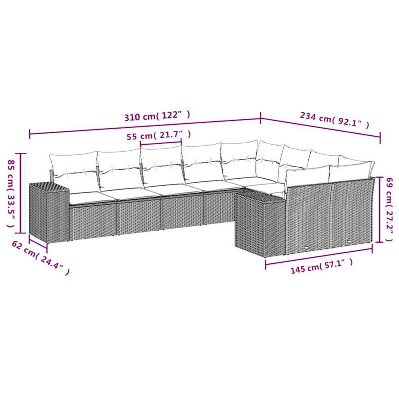  Ensemble de canapé de jardin en rotin PE gris clair, acier thermolaqué, polyester