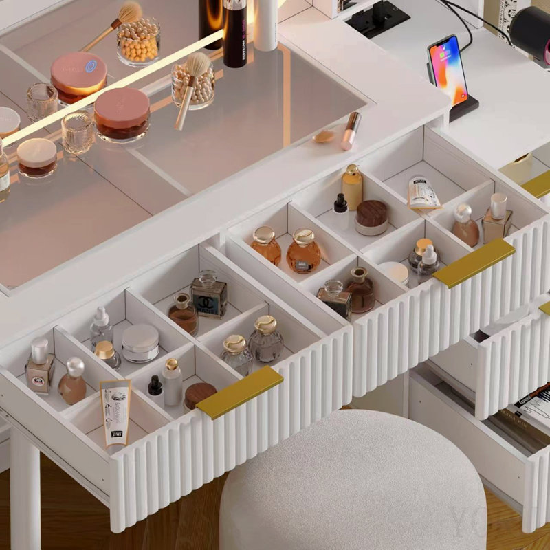 Bureau de coiffeuse avec miroir et lumières, coiffeuse de maquillage avec plateau en verre, coiffeuse avec tiroirs, table de maquillage pour femme (plateau en verre blanc)