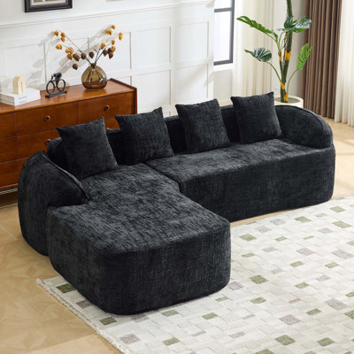 Black Chenille L-Shaped Compressed Sofa With High-Elastic Sponge, Curved Armrests, And Four Throw Pillows For Comfortable Seating
