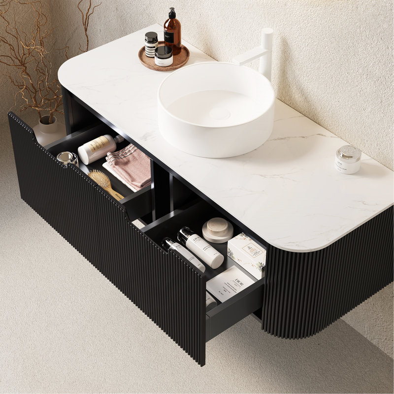 Meuble-lavabo 48 po avec lavabo, meuble de rangement mural rayé à bords arrondis avec 2 tiroirs, lavabo rond en céramique blanc, sans robinet, pré-assemblé, couleur noire